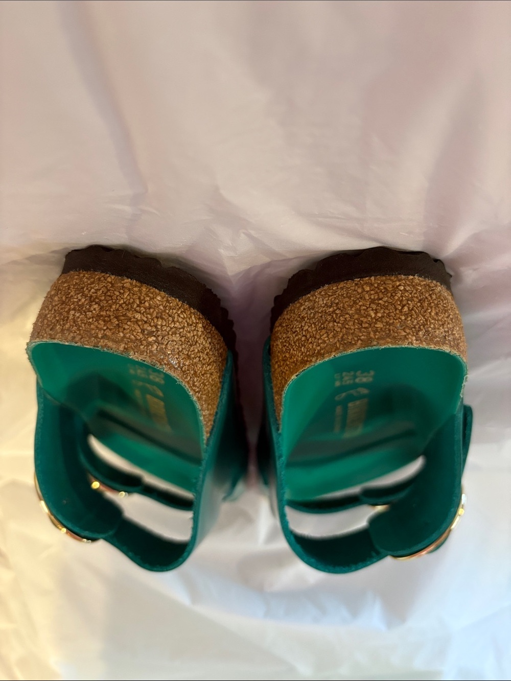Birkenstock Arizona Two-Strap Slide Sandals in Teal with Gold Buckles - Picture 11 of 11